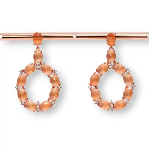 Orecchini Di Bronzo A Perno Con Occhio Di Gatto Incastonato Ovale Con Zirconi 25,5x42mm Oro Rosa Arancio-BRONZO CRYSTAL | Worldofjewel.com