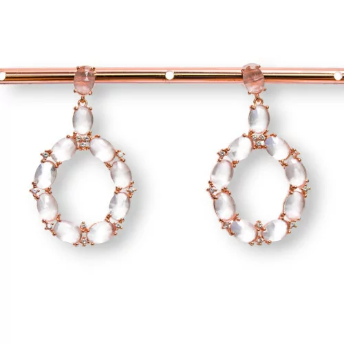 Orecchini Di Bronzo A Perno Con Occhio Di Gatto Incastonato Ovale Con Zirconi 25,5x42mm Oro Rosa Bianco-BRONZO CRYSTAL | Worldofjewel.com