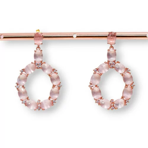 Orecchini Di Bronzo A Perno Con Occhio Di Gatto Incastonato Ovale Con Zirconi 25,5x42mm Oro Rosa Rosa-BRONZO CRYSTAL | Worldofjewel.com