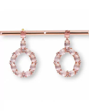 Orecchini Di Bronzo A Perno Con Occhio Di Gatto Incastonato Ovale Con Zirconi 25,5x42mm Oro Rosa Rosa-BRONZO CRYSTAL | Worldofjewel.com