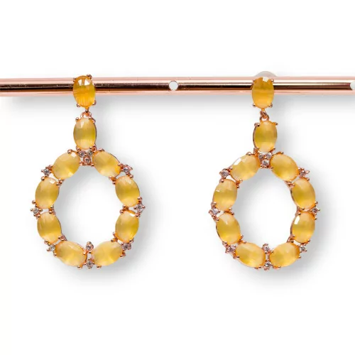 Orecchini Di Bronzo A Perno Con Occhio Di Gatto Incastonato Ovale Con Zirconi 25,5x42mm Oro Rosa Giallo-BRONZO CRYSTAL | Worldofjewel.com