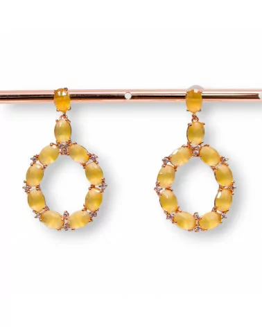 Orecchini Di Bronzo A Perno Con Occhio Di Gatto Incastonato Ovale Con Zirconi 25,5x42mm Oro Rosa Giallo-BRONZO CRYSTAL | Worldofjewel.com