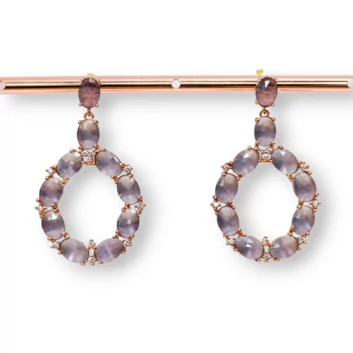 Orecchini Di Bronzo A Perno Con Occhio Di Gatto Incastonato Ovale Con Zirconi 25,5x42mm Oro Rosa Viola-BRONZO CRYSTAL | Worldofjewel.com