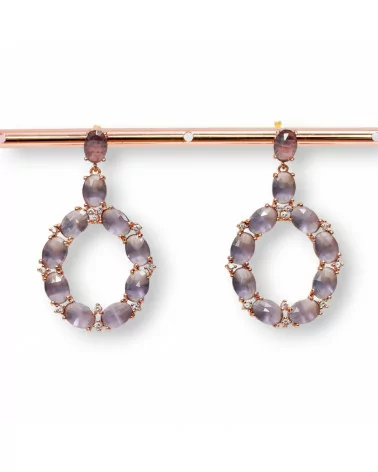 Orecchini Di Bronzo A Perno Con Occhio Di Gatto Incastonato Ovale Con Zirconi 25,5x42mm Oro Rosa Viola-BRONZO CRYSTAL | Worldofjewel.com