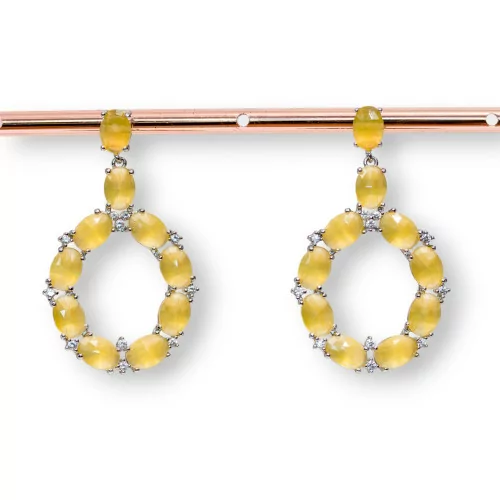 Orecchini Di Bronzo A Perno Con Occhio Di Gatto Incastonato Ovale Con Zirconi 25,5x42mm Rodiato Giallo-BRONZO CRYSTAL | Worldofjewel.com