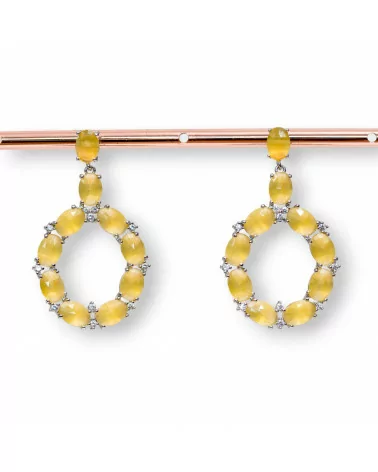 Orecchini Di Bronzo A Perno Con Occhio Di Gatto Incastonato Ovale Con Zirconi 25,5x42mm Rodiato Giallo-BRONZO CRYSTAL | Worldofjewel.com