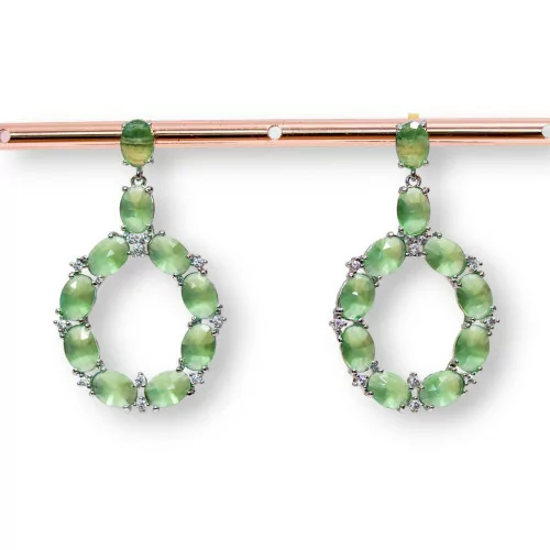 Orecchini Di Bronzo A Perno Con Occhio Di Gatto Incastonato Ovale Con Zirconi 25,5x42mm Rodiato Verde Chiaro-BRONZO CRYSTAL | Worldofjewel.com