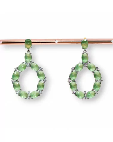 Orecchini Di Bronzo A Perno Con Occhio Di Gatto Incastonato Ovale Con Zirconi 25,5x42mm Rodiato Verde Chiaro-BRONZO CRYSTAL | Worldofjewel.com