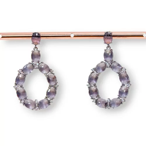 Orecchini Di Bronzo A Perno Con Occhio Di Gatto Incastonato Ovale Con Zirconi 25,5x42mm Rodiato Viola-BRONZO CRYSTAL | Worldofjewel.com