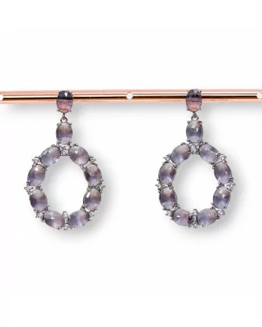 Orecchini Di Bronzo A Perno Con Occhio Di Gatto Incastonato Ovale Con Zirconi 25,5x42mm Rodiato Viola-BRONZO CRYSTAL | Worldofjewel.com