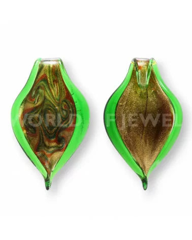 Pendente Di Vetro Di Murano A Fantasia 44x70mm - 2pz Verde-CIONDOLI DI PIETRE DURE | Worldofjewel.com