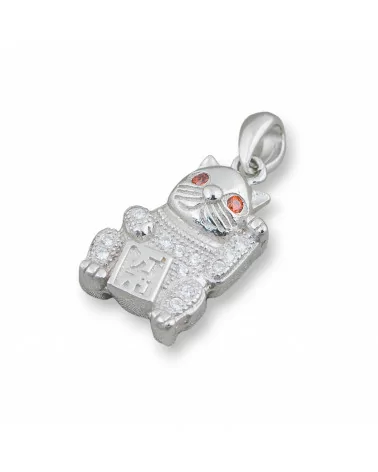 Pendente Ciondolo Di Argento 925 Con Zirconi Gatto Portafortuna 10x23mm 2pz Rodiato-ARGENTO 925 DESIGN ITALY | Worldofjewel.com