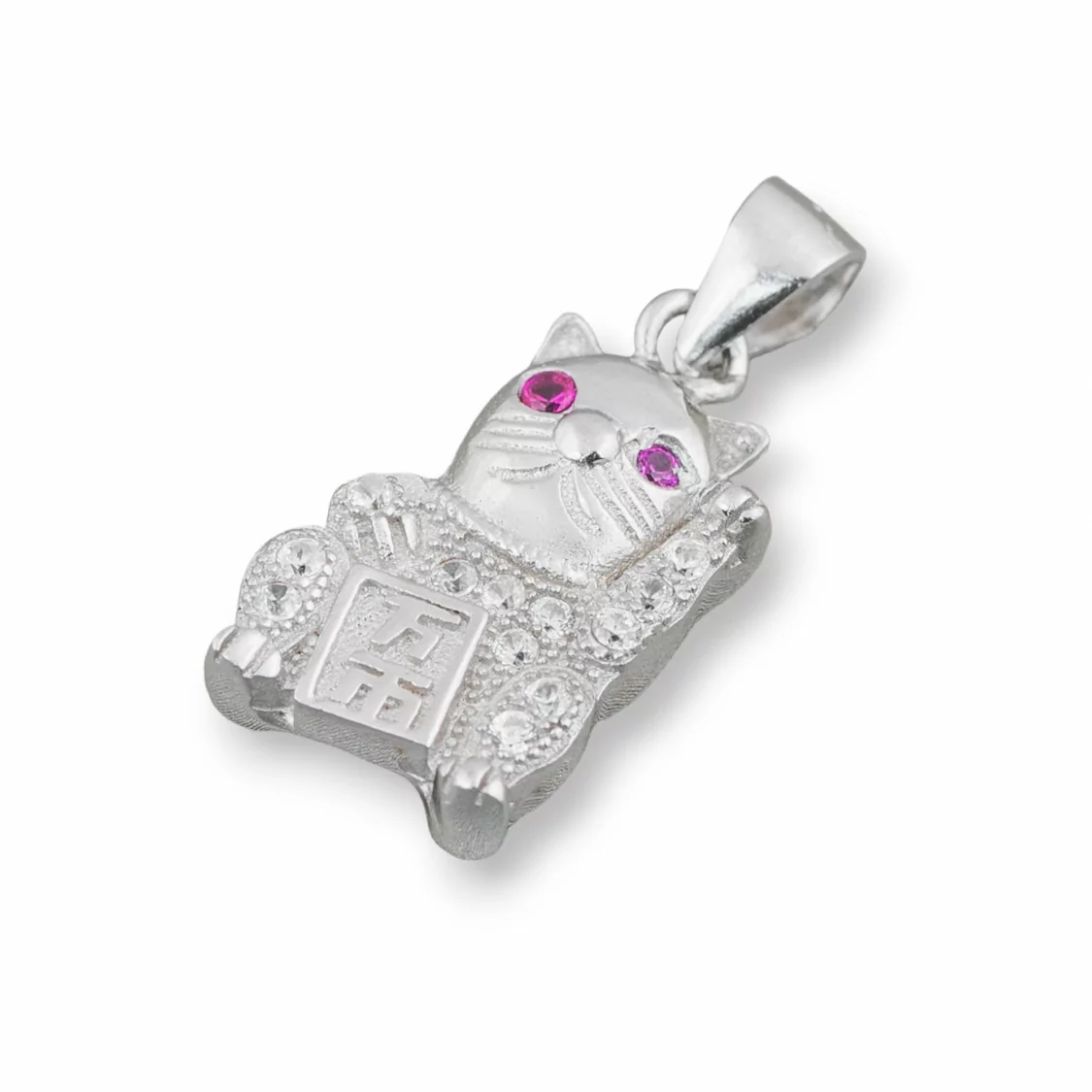 Pendente Ciondolo Di Argento 925 Con Zirconi Gatto Portafortuna 10x23mm 2pz Rodiato Ruby-ARGENTO 925 DESIGN ITALY | Worldofjewel.com