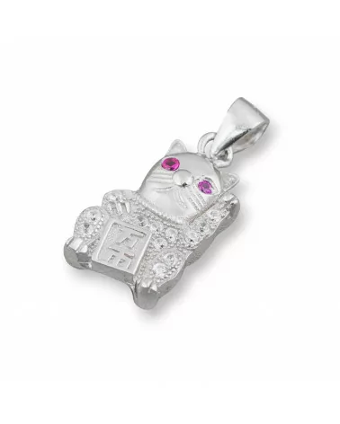 Pendente Ciondolo Di Argento 925 Con Zirconi Gatto Portafortuna 10x23mm 2pz Rodiato Ruby-ARGENTO 925 DESIGN ITALY | Worldofjewel.com