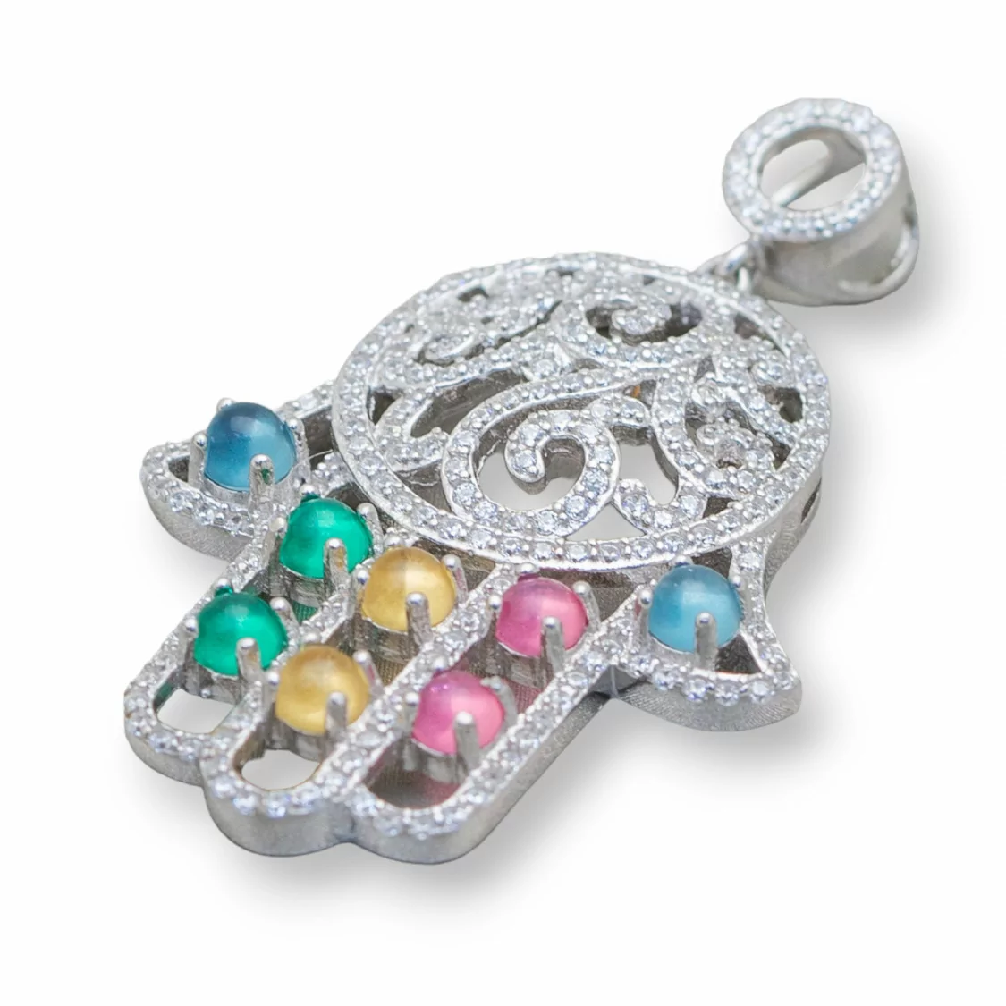 Pendenti Di Argento 925 Con Zirconi Mano Di Fatima 28x42mm 1pz-ARGENTO 925 DESIGN ITALY | Worldofjewel.com