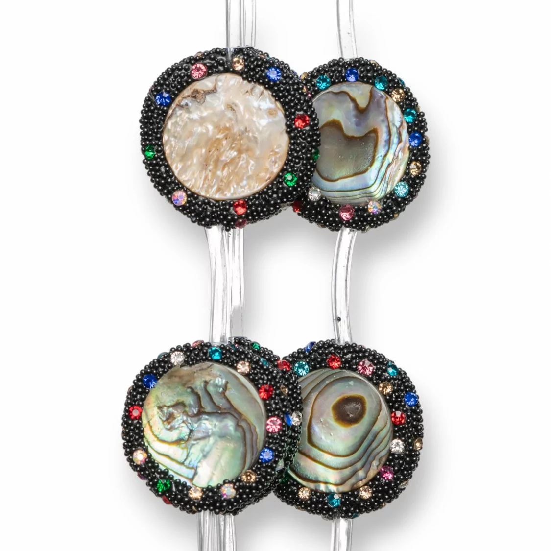 Perline A Filo Connettore Di Madreperla Nera Tondo Piatto 22mm Bordato Con Strass Multicolor 10pz-PERLINE CON MARCASITE STRASS | Worldofjewel.com