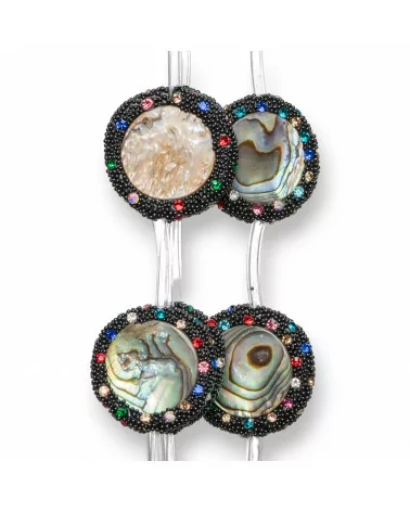 Perline A Filo Connettore Di Madreperla Nera Tondo Piatto 22mm Bordato Con Strass Multicolor 10pz-PERLINE CON MARCASITE STRASS | Worldofjewel.com