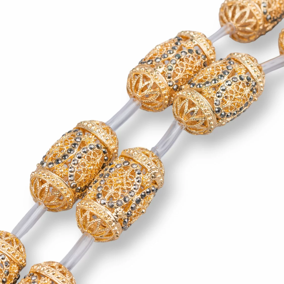 Perline A Filo Componente Di Bronzo Microfuso Traforato Con Marcasite Strass Barilotto 20x38mm 6pz-PERLINE MICROFUSE | Worldofjewel.com