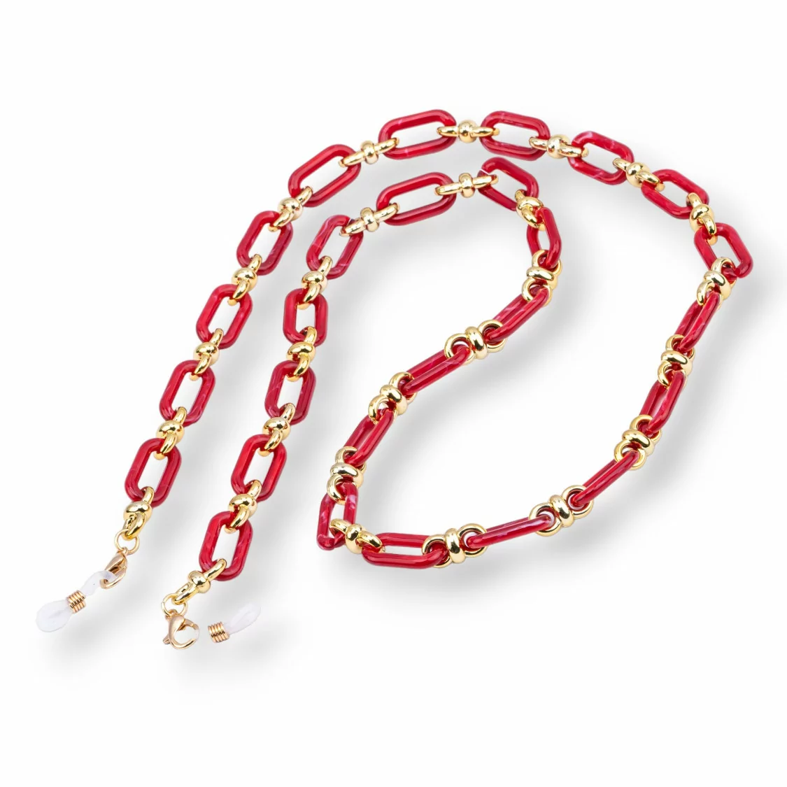 Catena Per Occhiali Con Anelli Di Silicone Antiscivolo Policarbonato Maglia Larga e Dorata 2pz Rosso-CATENE PER OCCHIALI | Worldofjewel.com