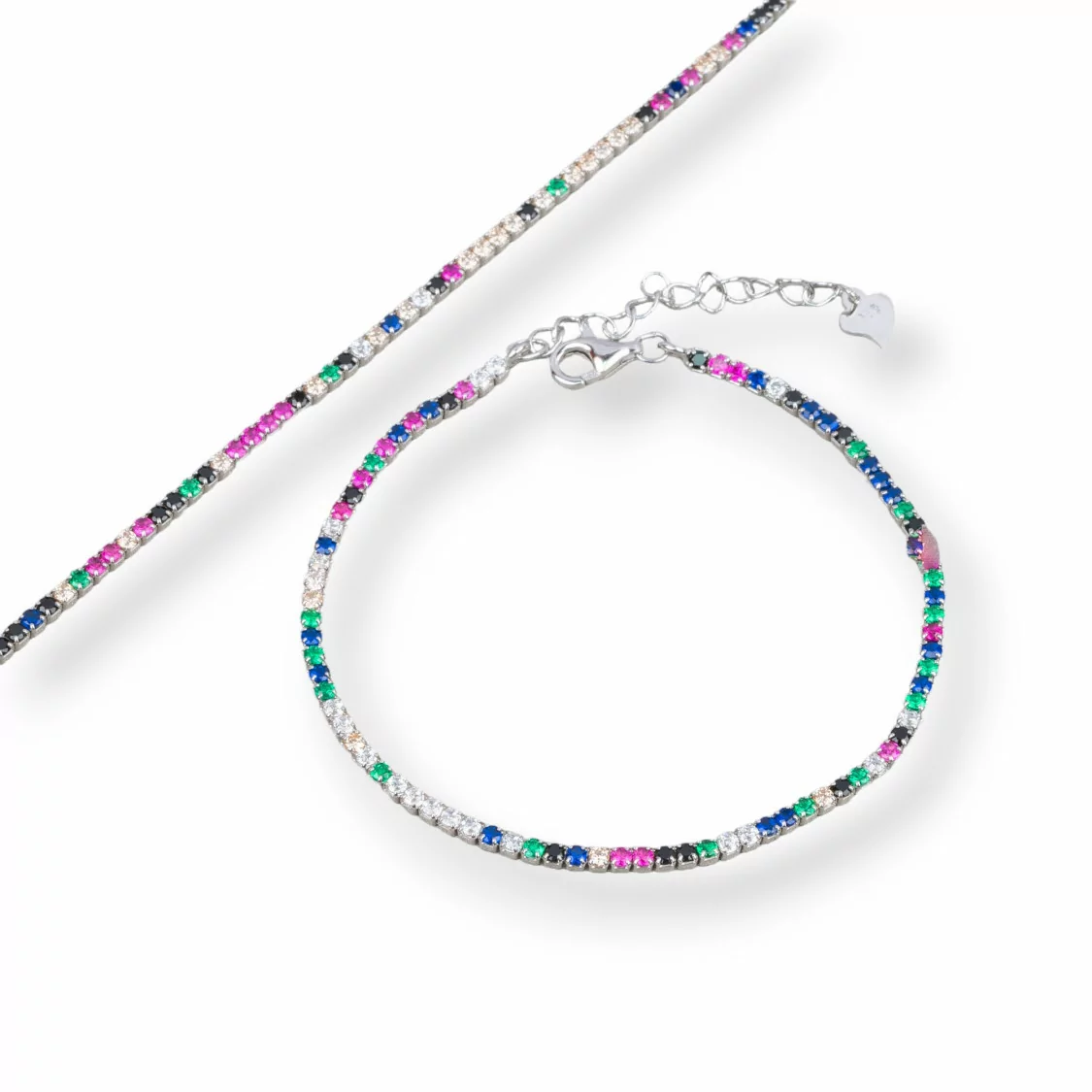 Bracciale Di Argento 925 Tennis Con Zirconi 2mm Rodiato + Multicolor Con Chiusura Moschettone 1pz-BRACCIALI TENNIS | Worldofjewel.com