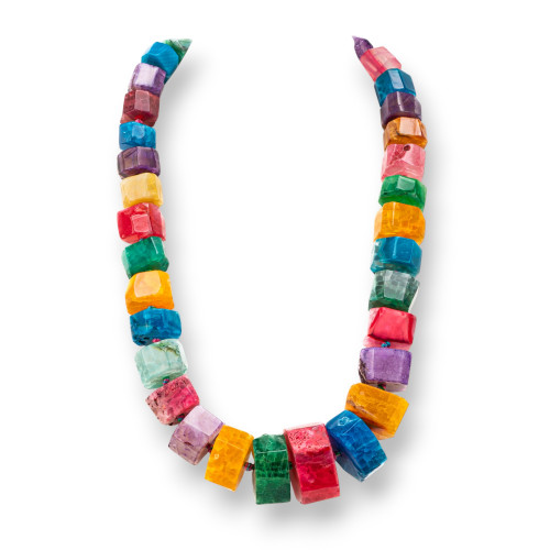 Knotted Semiprecious Stone Necklace With Brass Clasp Faceted Washer 14-30mm Necklace Length 55cm Multicolor