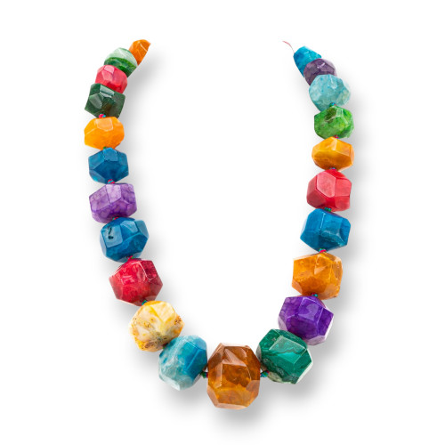 Knotted Semiprecious Stone Necklace With Brass Clasp Faceted Stone 14-30mm Necklace Length 50cm Multicolor Agate