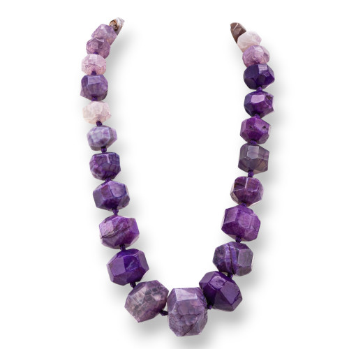 Knotted Semiprecious Stone Necklace With Brass Clasp Faceted Stone 14-30mm Necklace Length 50cm Purple Agate