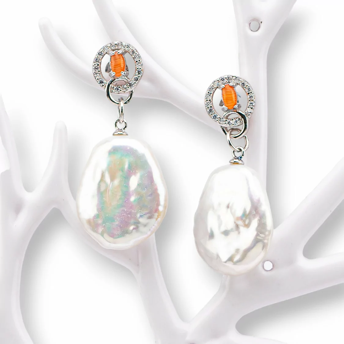 Orecchini Perno Di Argento 925 Con Zirconi E Perle Di Fiume 16x36mm Arancio-ARGENTO 925 DESIGN ITALY | Worldofjewel.com