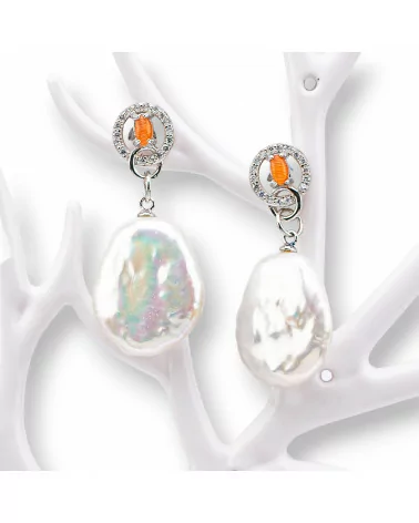 Orecchini Perno Di Argento 925 Con Zirconi E Perle Di Fiume 16x36mm Arancio-ARGENTO 925 DESIGN ITALY | Worldofjewel.com