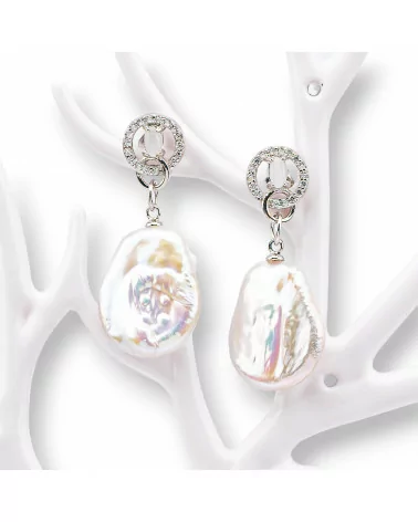 Orecchini Perno Di Argento 925 Con Zirconi E Perle Di Fiume 16x36mm Bianco-ARGENTO 925 DESIGN ITALY | Worldofjewel.com