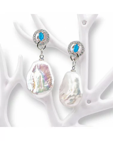 Orecchini Perno Di Argento 925 Con Zirconi E Perle Di Fiume 16x36mm Celeste-ARGENTO 925 DESIGN ITALY | Worldofjewel.com