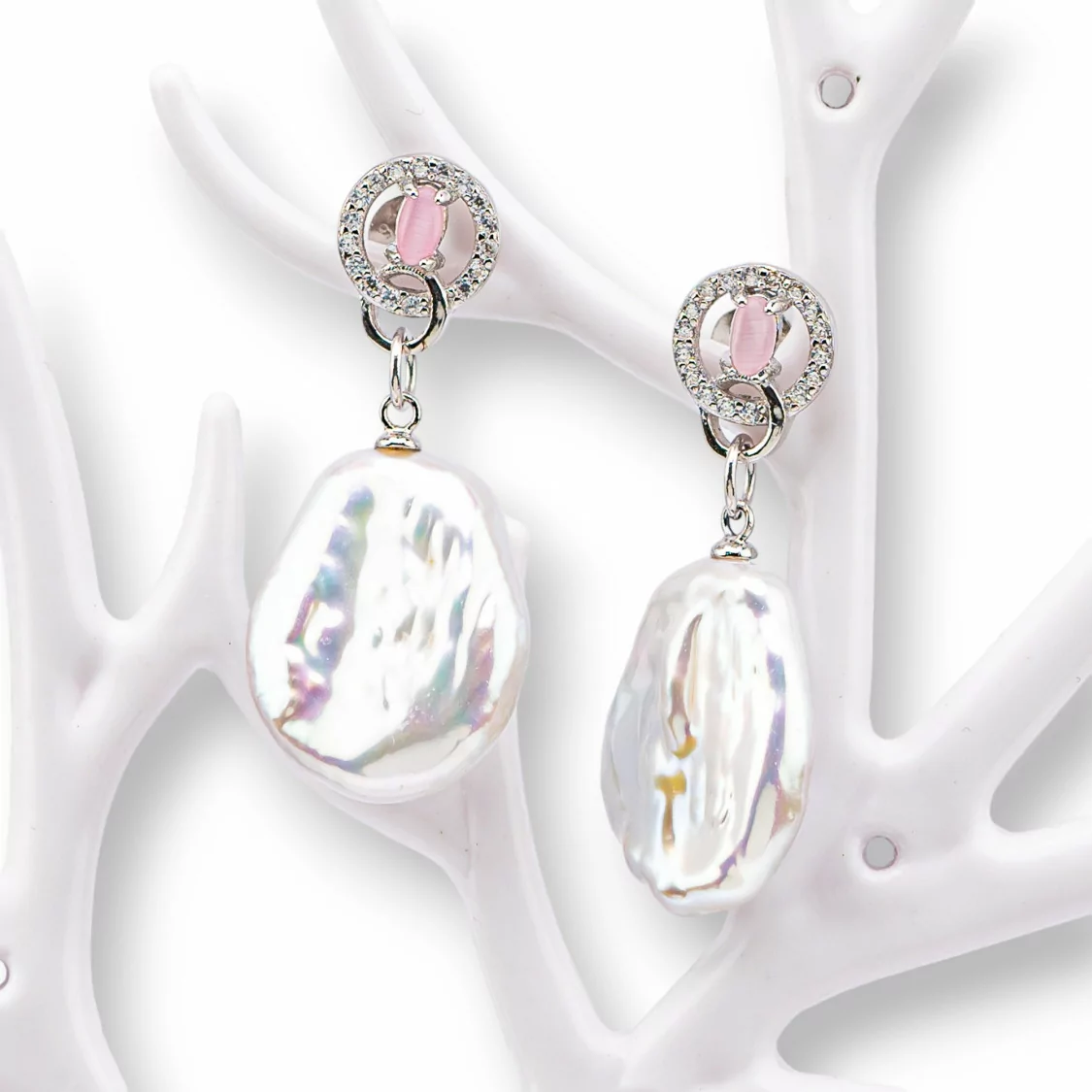 Orecchini Perno Di Argento 925 Con Zirconi E Perle Di Fiume 16x36mm Rosa-ARGENTO 925 DESIGN ITALY | Worldofjewel.com