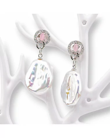 Orecchini Perno Di Argento 925 Con Zirconi E Perle Di Fiume 16x36mm Rosa-ARGENTO 925 DESIGN ITALY | Worldofjewel.com