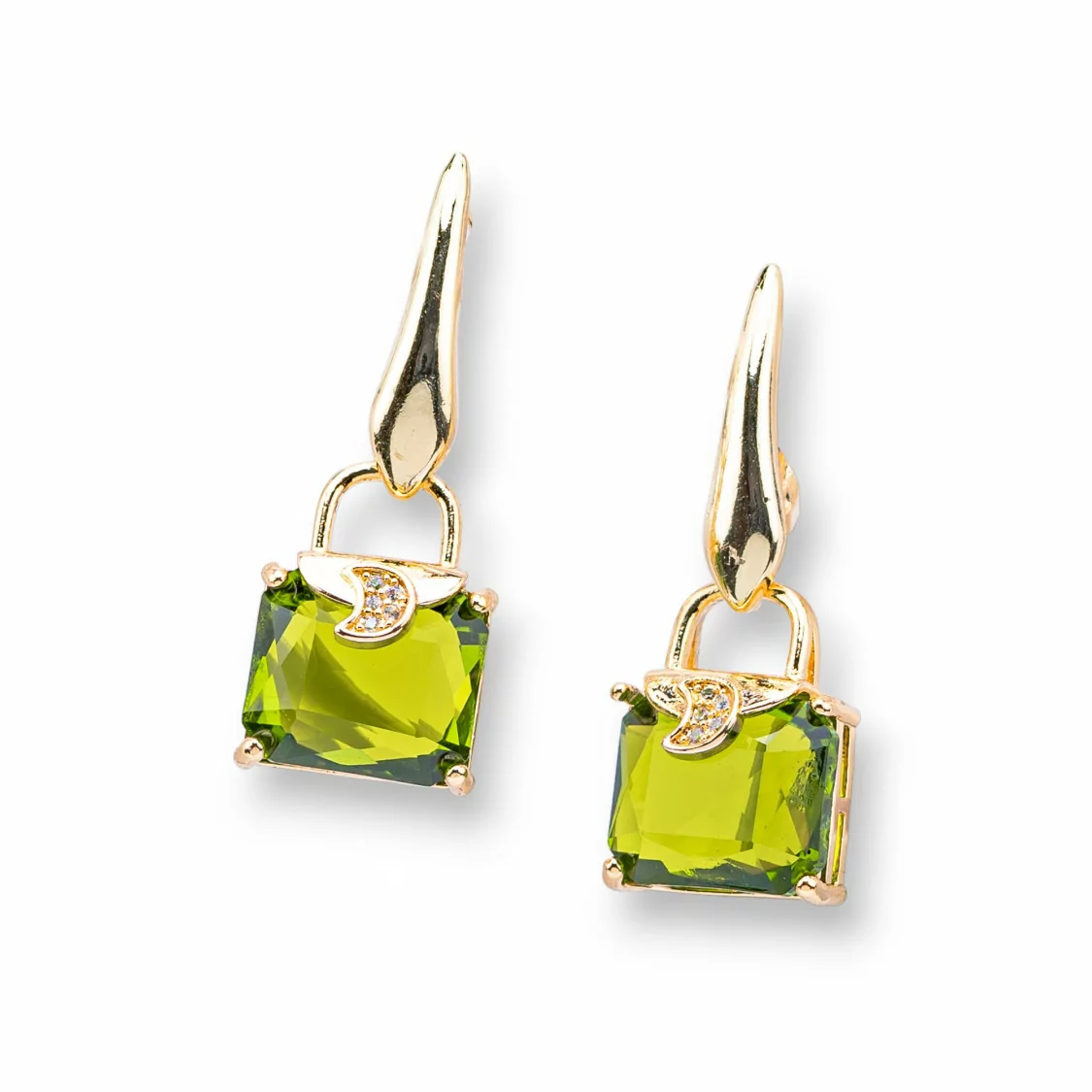 Orecchini Perno Di Bronzo Con Occhio Di Gatto Con Zirconi 14x37mm Dorato Peridot-ORECCHINI HOT PICKS | Worldofjewel.com