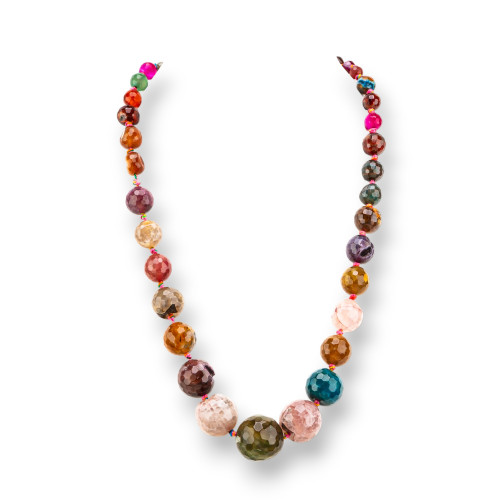 Knotted Crash Gemstone Necklace With Faceted Gradation Brass Clasp 6-20mm Length 55cm Multicolor Agate