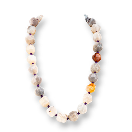 Knotted Semiprecious Stone Necklace With Brass Clasp Faceted Irregular Stone 13-17mm Necklace Length 55cm Botswa Agate