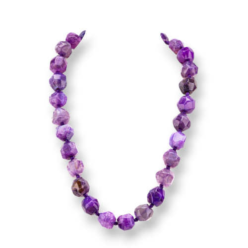 Knotted Semiprecious Stone Necklace With Brass Clasp Faceted Irregular Stone 13-17mm Necklace Length 55cm Purple Agate