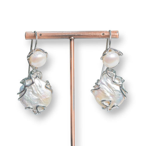 Boucles d'oreilles levier en bronze avec perles de rivière et pendentif avec perles baroques 24x52mm rhodié