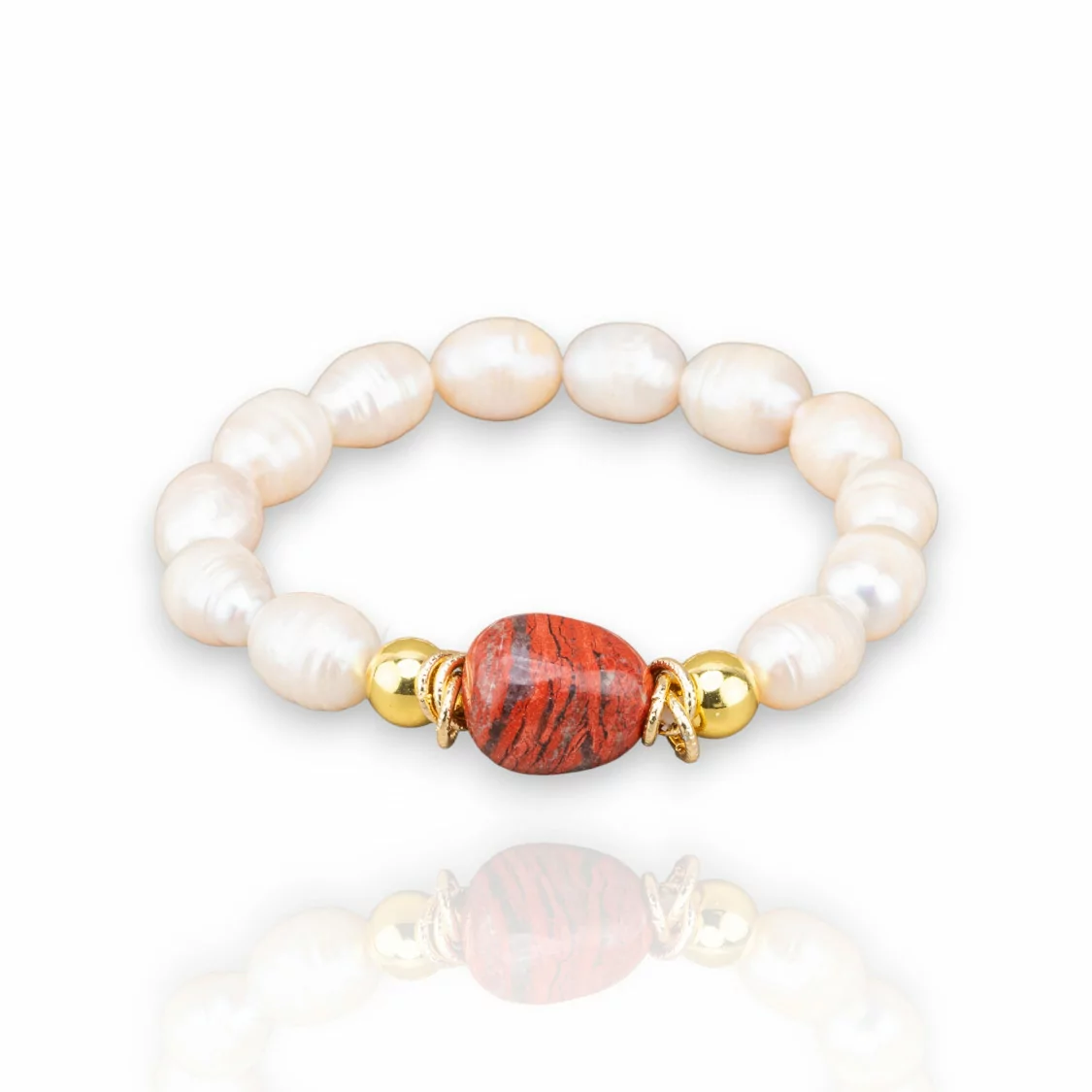 Bracciale Elastico Di Perle Di Fiume 10mm Con Ematite E Pietre Naturali Diaspro Rosso-BRACCIALI DI PIETRE E PERLE | Worldofjewel.com