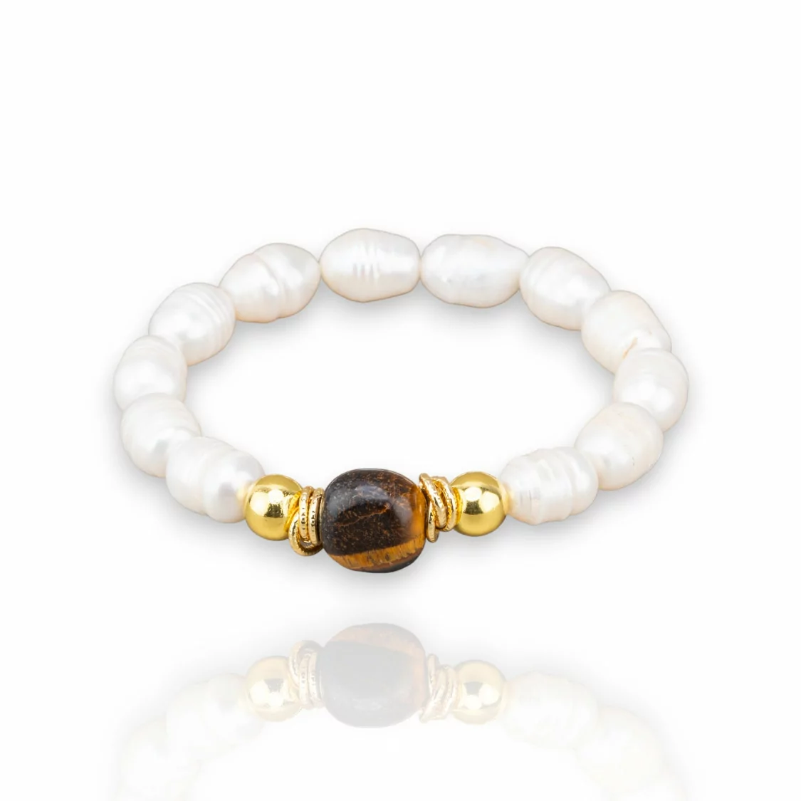 Bracciale Elastico Di Perle Di Fiume 10mm Con Ematite E Pietre Naturali Occhio Di Tigre-BRACCIALI DI PIETRE E PERLE | Worldofjewel.com