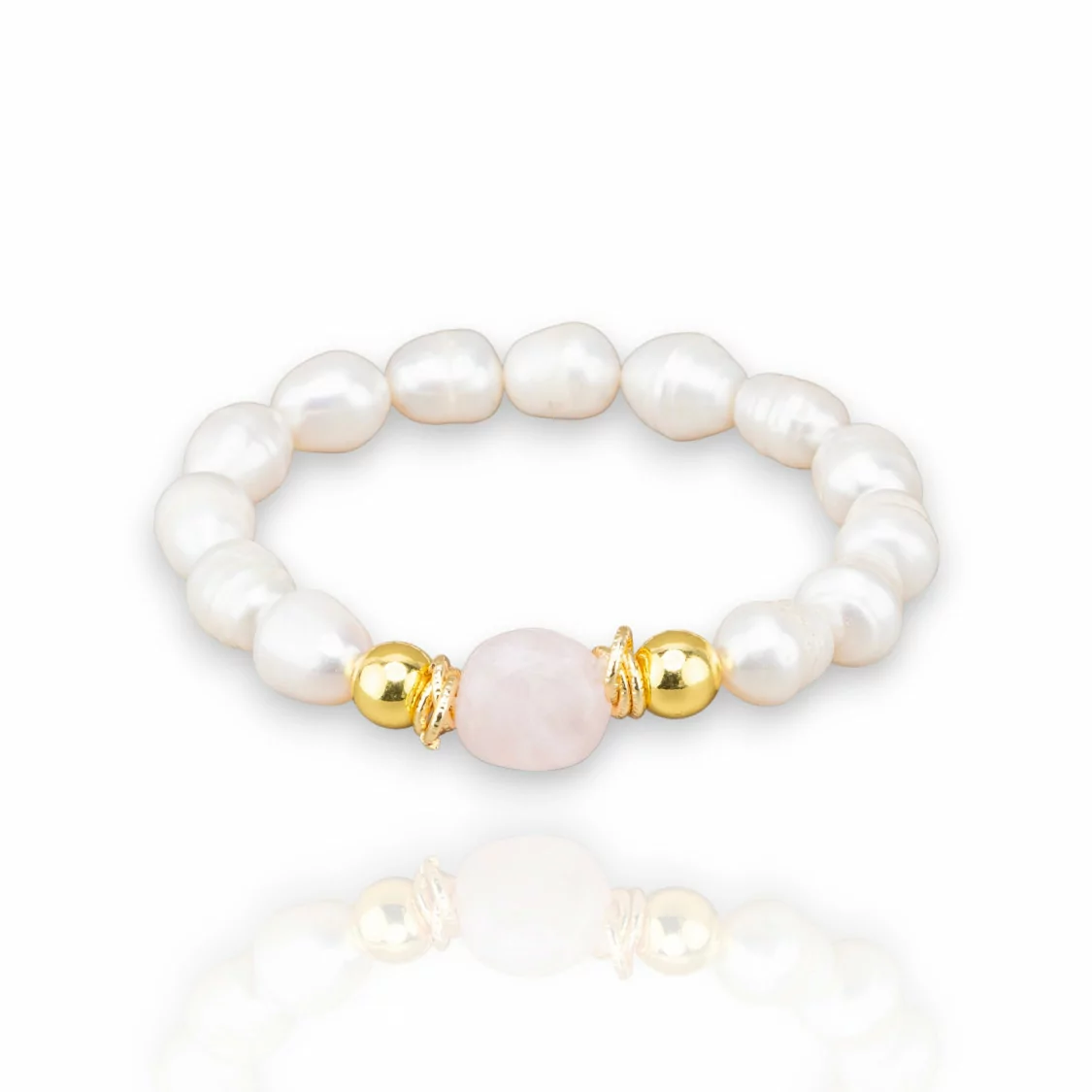 Bracciale Elastico Di Perle Di Fiume 10mm Con Ematite E Pietre Naturali Quarzo Rosa-BRACCIALI DI PIETRE E PERLE | Worldofjewel.com