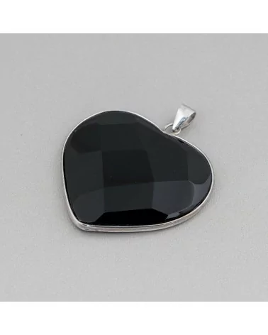 Ciondolo di Argento 925 E Onice Cuore Piatto Sfaccettato 40mm-CIONDOLI DI PIETRE DURE | Worldofjewel.com