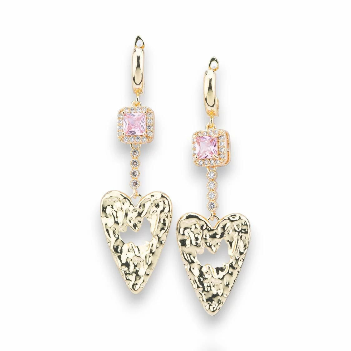 Orecchini Perno Di Bronzo Con Cristalli E Pendente a Cuore Battuto Dorato Rosa-BRONZO CRYSTAL | Worldofjewel.com