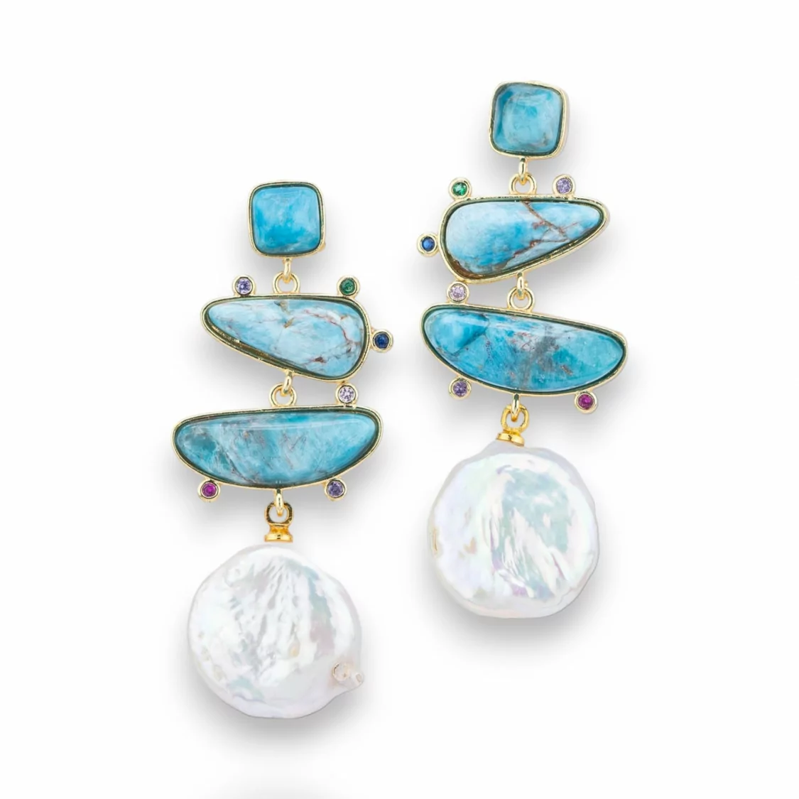 Orecchini Perno Di Bronzo Con Pietre Dure Incastonate E Perle Barocche Coin 20x50mm Dorato Apatite-ORECCHINI MADE WITH STYLE | Worldofjewel.com