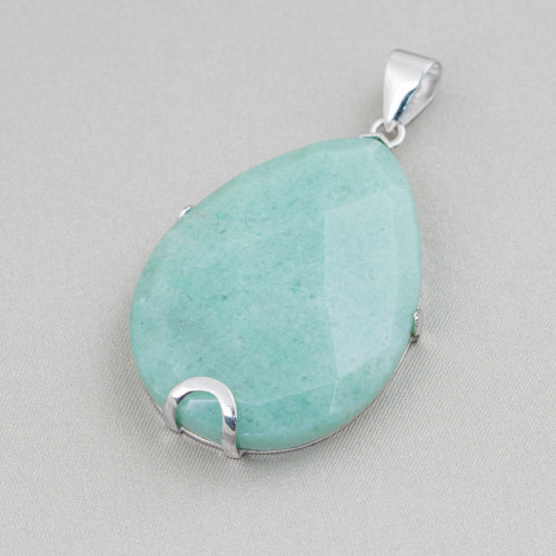 Pendentif en Argent 925 et Pierres Semi-précieuses, Goutte Plate Facette 30x40mm - Aventurine Verte