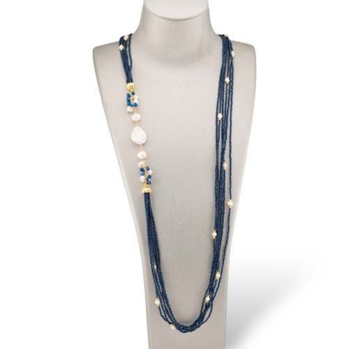 Collana Bijoux Con Pietre Dure, Zirconi Diamond Cut a 6 Fili, Perle Di Fiume Barocche 90cm Blu Zaffiro