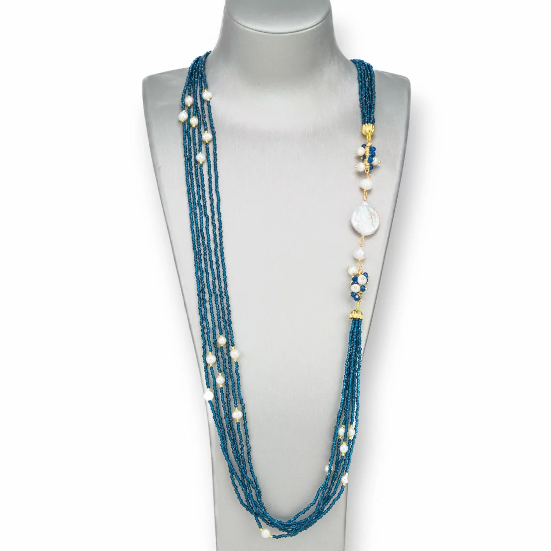 Collana Bijoux Con Pietre Dure, Zirconi Diamond Cut a 6 Fili, Perle Di Fiume Barocche 90cm Blu Zaffiro-DESIGN ITALY | Worldofjewel.com