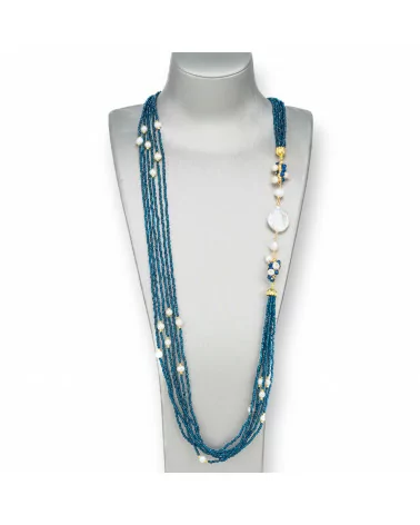 Collana Bijoux Con Pietre Dure, Zirconi Diamond Cut a 6 Fili, Perle Di Fiume Barocche 90cm Blu Zaffiro-DESIGN ITALY | Worldofjewel.com