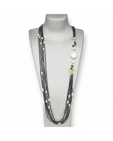 Collana Bijoux Con Pietre Dure, Zirconi Diamond Cut a 6 Fili, Perle Di Fiume Barocche 90cm Nero-DESIGN ITALY | Worldofjewel.com