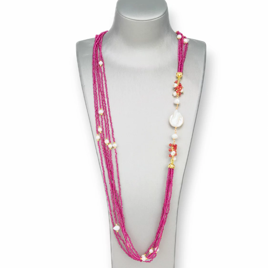 Collana Bijoux Con Pietre Dure, Zirconi Diamond Cut a 6 Fili, Perle Di Fiume Barocche 90cm Rosso Ruby-DESIGN ITALY | Worldofjewel.com